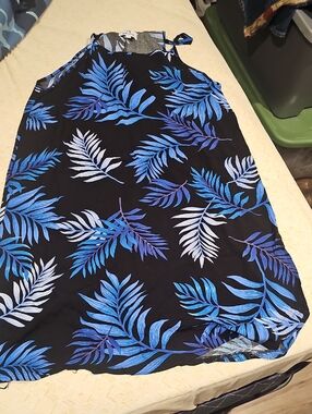 Black Tropical Leaf Halter Dress with Blue Print 100 % Viscose, Cool And Flowey